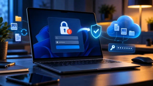 Illustrative laptop with locked sign-in screen and protected cloud files; not a screenshot of Microsoft sign-in