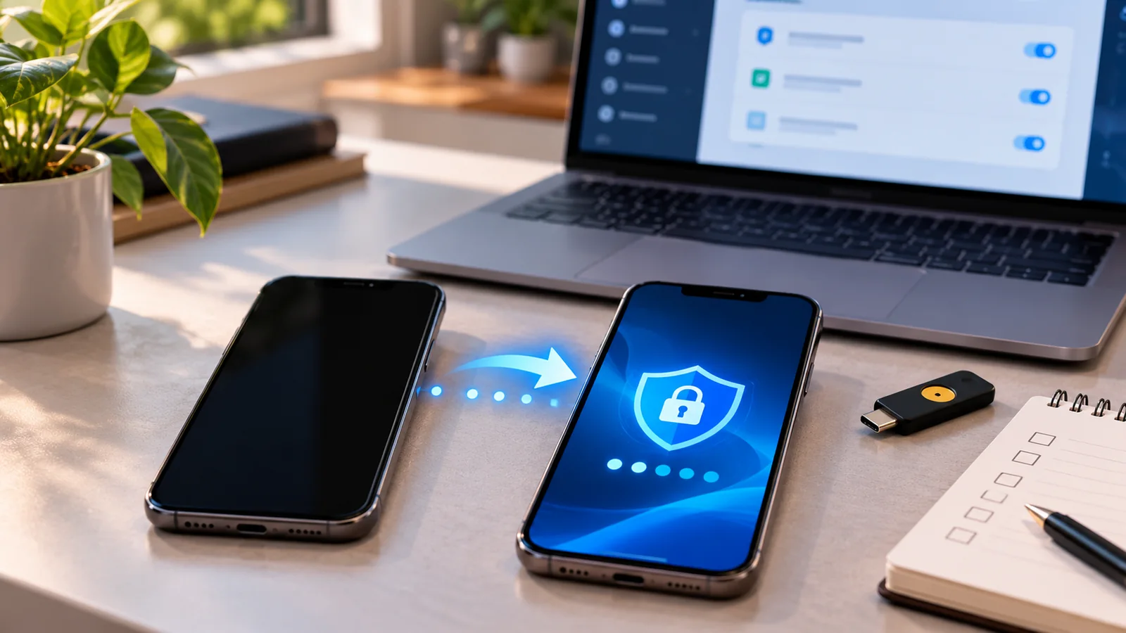 Microsoft Authenticator Not Working on a New Phone? Restore Accounts and Fix Sign-In 1 Two smartphones illustrating secure authentication transfer to a new device beside a laptop and hardware security key