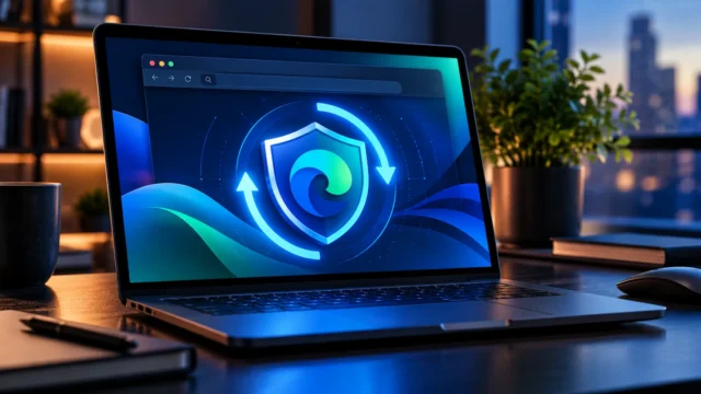 Laptop displaying a browser security shield and update arrows in a modern workspace