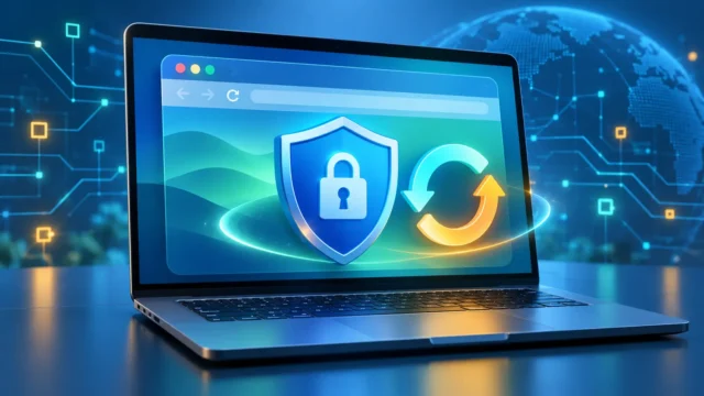 Laptop browser window with a security shield and circular update arrows