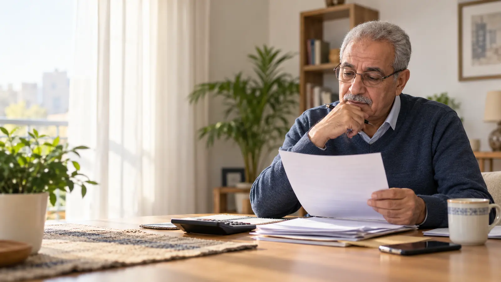 الحد الأدنى للمعاش 2080 جنيهًا في يناير 2027: من المستفيد وهل تشمل الزيادة الجميع؟ 1 صاحب معاش مصري يراجع أوراقًا وحساباته المالية في المنزل