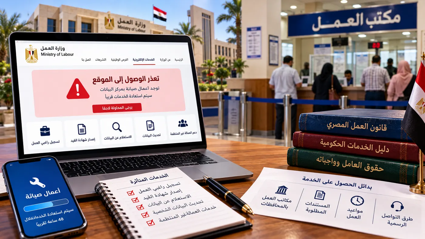 تعطل خدمات وزارة العمل الإلكترونية في مصر: الأسباب والخدمات المتأثرة والبدائل الرسمية وخطوات حماية طلبك 1 صورة تعبيرية عن صيانة وتعطل الخدمات الإلكترونية لوزارة العمل المصرية والبدائل في مكاتب العمل