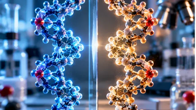 Mirror-image molecular structures in a biotechnology laboratory