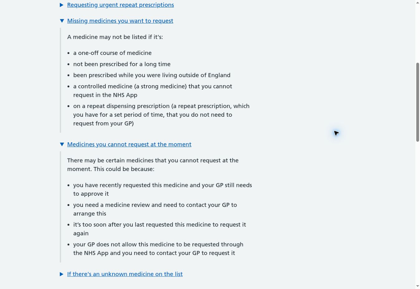 NHS App Prescription Not Showing? Check GP Approval, Pharmacy Status and Tracking 3 Actual NHS help-page screenshot listing reasons a medicine is missing or cannot currently be requested