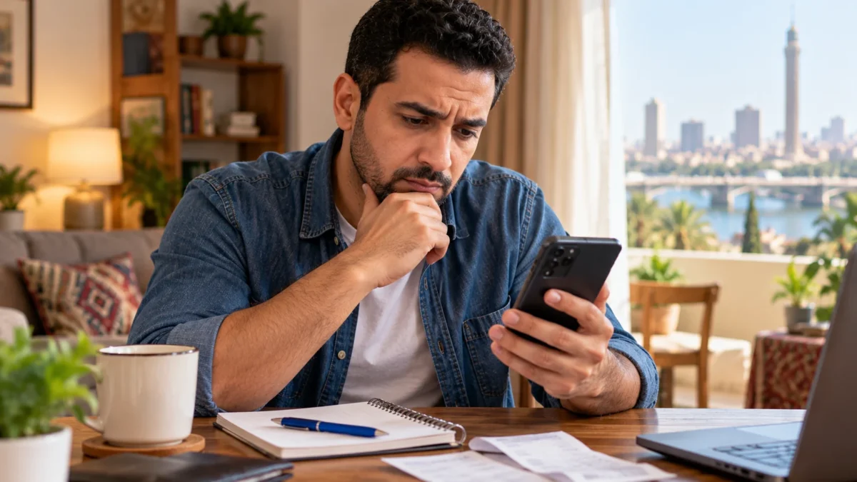 مستخدم موبايل يراجع هاتفه بقلق بعد ملاحظة انخفاض رصيد الخط داخل المنزل