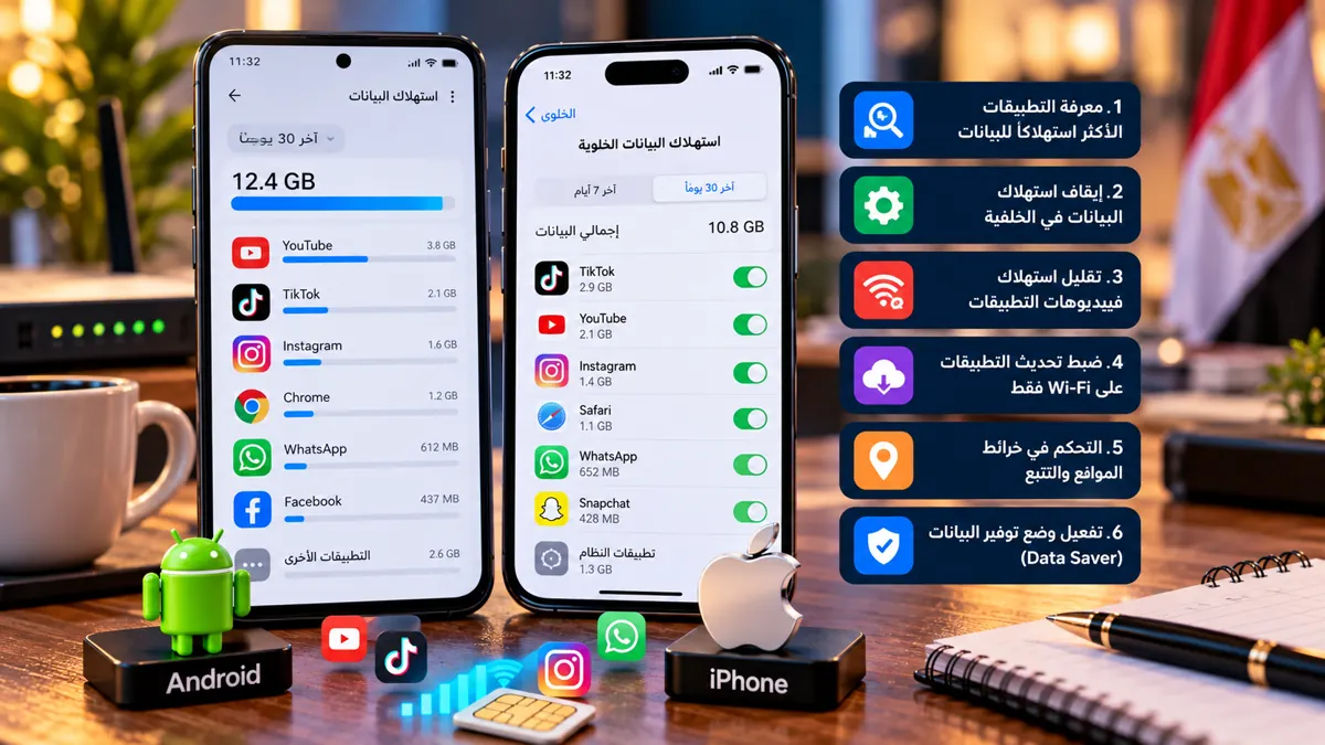 باقة الإنترنت بتخلص بسرعة؟ 12 سببًا وحلول استهلاك البيانات على أندرويد وآيفون بالخطوات 1 هاتف أندرويد وآيفون يعرضان استهلاك بيانات الإنترنت مع إرشادات تقليل استهلاك الباقة