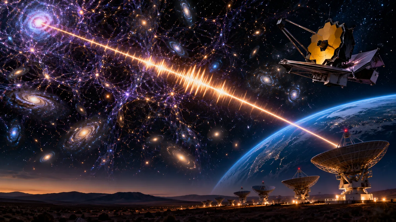A radio burst crossing the cosmic web toward Earth, radio telescopes and a Webb-like telescope