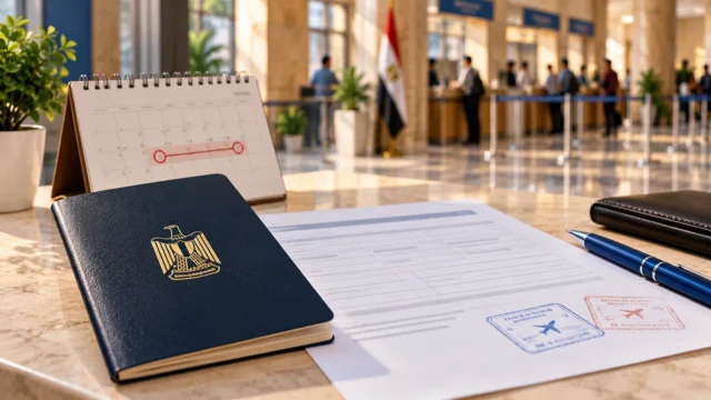 جواز سفر مصري وأوراق طلب رسمية وتقويم على مكتب خدمة جوازات مع خلفية قاعة انتظار دون نصوص توضيحية