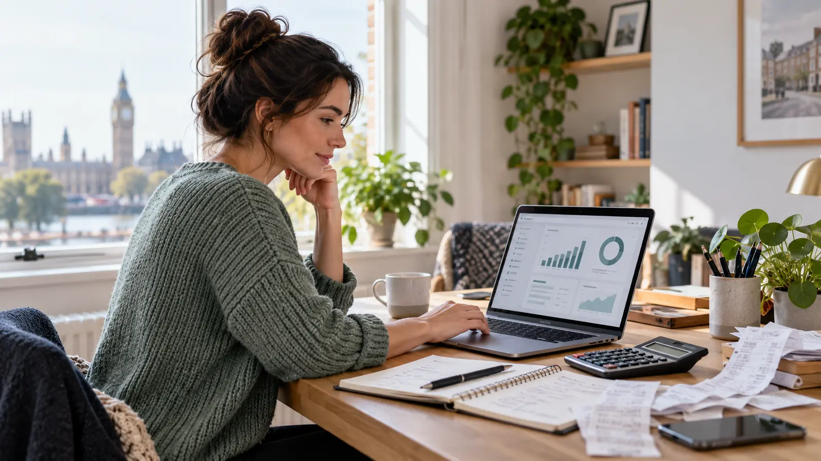 Self-employed person reviewing digital accounting records on a laptop with a calculator and receipts in a UK home office