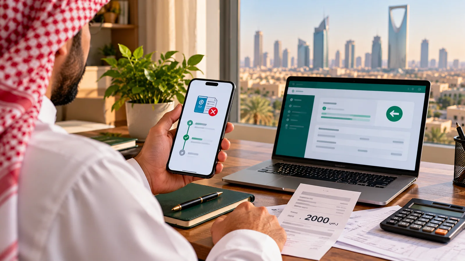 صاحب عمل سعودي يراجع طلب إلغاء تأشيرة عاملة منزلية ومستندات سداد رسوم مساند على حاسوبه وهاتفه