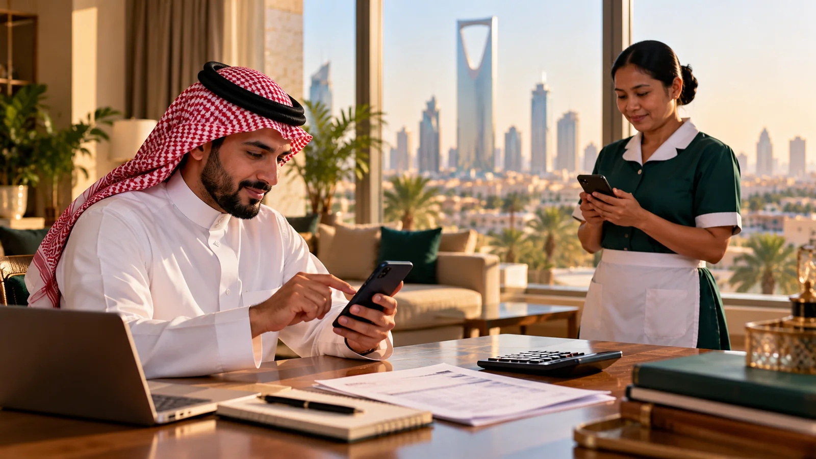 تحويل رواتب العمالة المنزلية عبر مساند في السعودية: البنوك والمحافظ المعتمدة والخطوات وحل مشكلات التوثيق 1 صاحب عمل سعودي وعاملة منزلية يراجعان الدفع الإلكتروني للراتب عبر الهاتف في بيئة منزلية