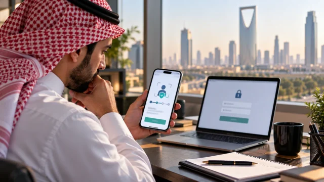 Saudi professional using a phone for secure digital identity verification at an office desk