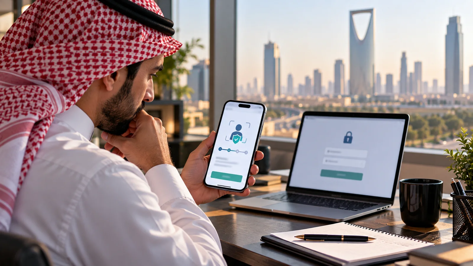 Nafath Login Not Working? How to Fix Verification and Authentication Problems in Saudi Arabia 1 Saudi professional using a phone for secure digital identity verification at an office desk