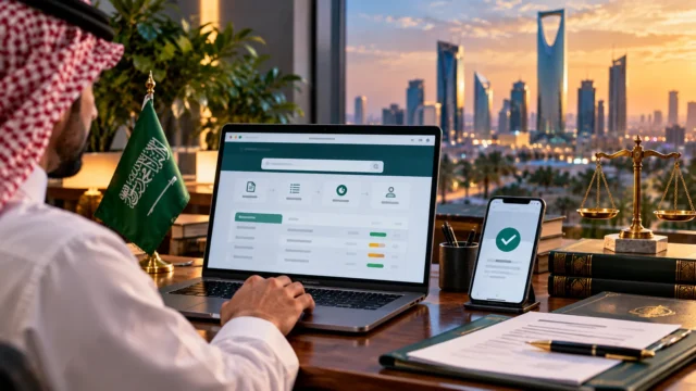 مستفيد يستخدم حاسوبًا لمتابعة طلب تنفيذ إلكتروني في السعودية