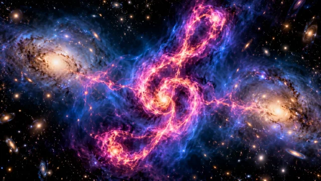 Illustration of twisting magenta radio plasma and luminous distant galaxy groups against deep blue space, inspired by NASA’s Treble Clef radio source