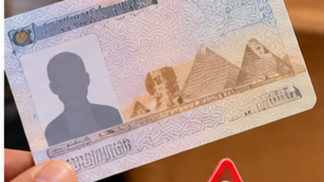 بطاقة هوية عامة بجوار محفظة تالفة ورمز تنبيه للدلالة على بدل فاقد أو تالف