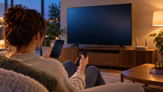A viewer checks a phone and TV remote in a living room with a television and home Wi-Fi router