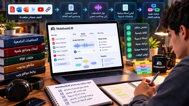 طالب يستخدم NotebookLM لتلخيص محاضرات PDF وإنشاء أسئلة امتحانات ومراجعات صوتية