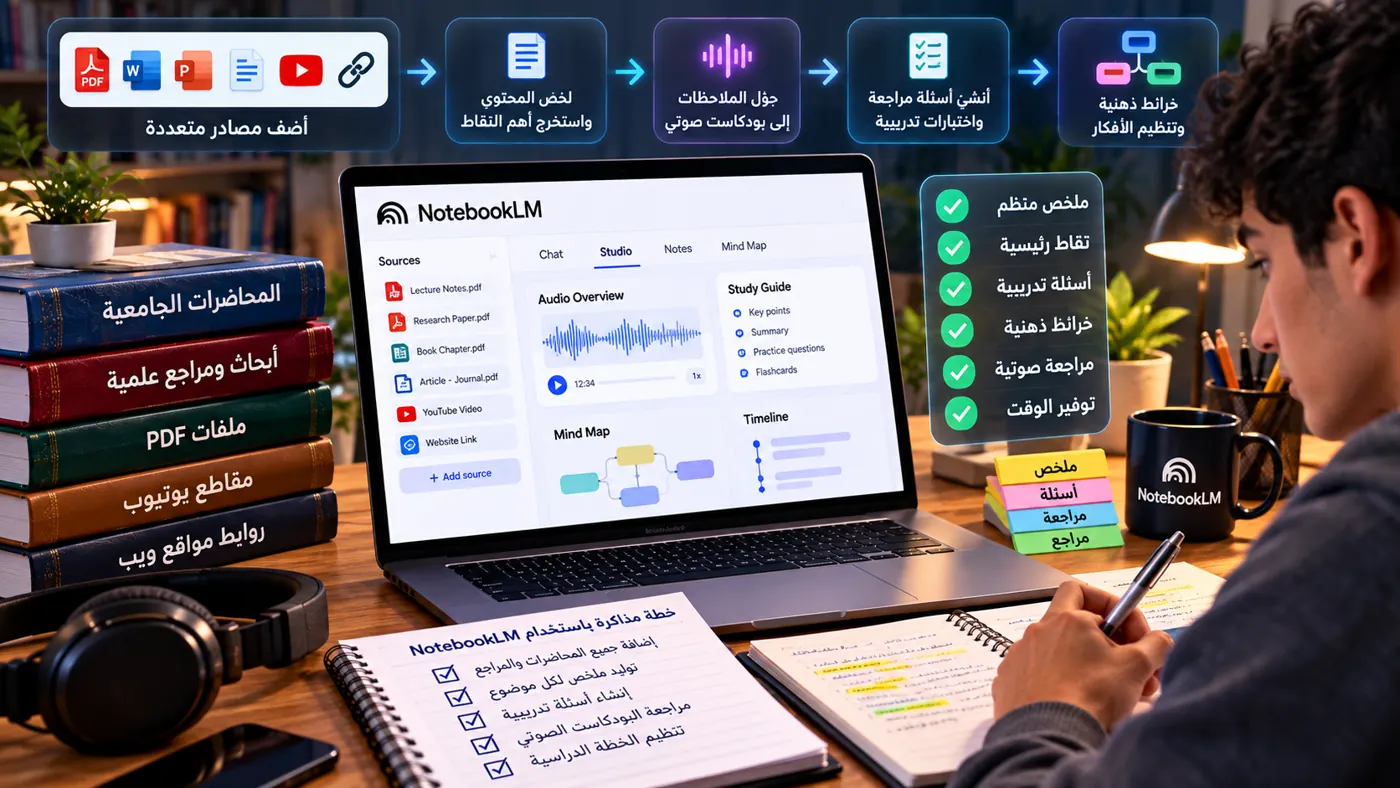 كيفية استخدام NotebookLM لتلخيص المحاضرات وإنشاء أسئلة امتحانات: دليل عملي شامل للطلاب 1 طالب يستخدم NotebookLM لتلخيص محاضرات PDF وإنشاء أسئلة امتحانات ومراجعات صوتية