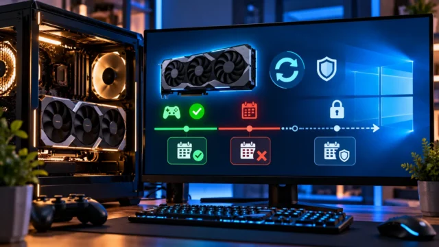 Gaming PC and graphics card with a driver support timeline and security update symbols
