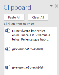 Windows 11 Clipboard History Not Working? Find What Failed 2 Microsoft Word's Office Clipboard task pane with collected items and Paste All and Clear All buttons