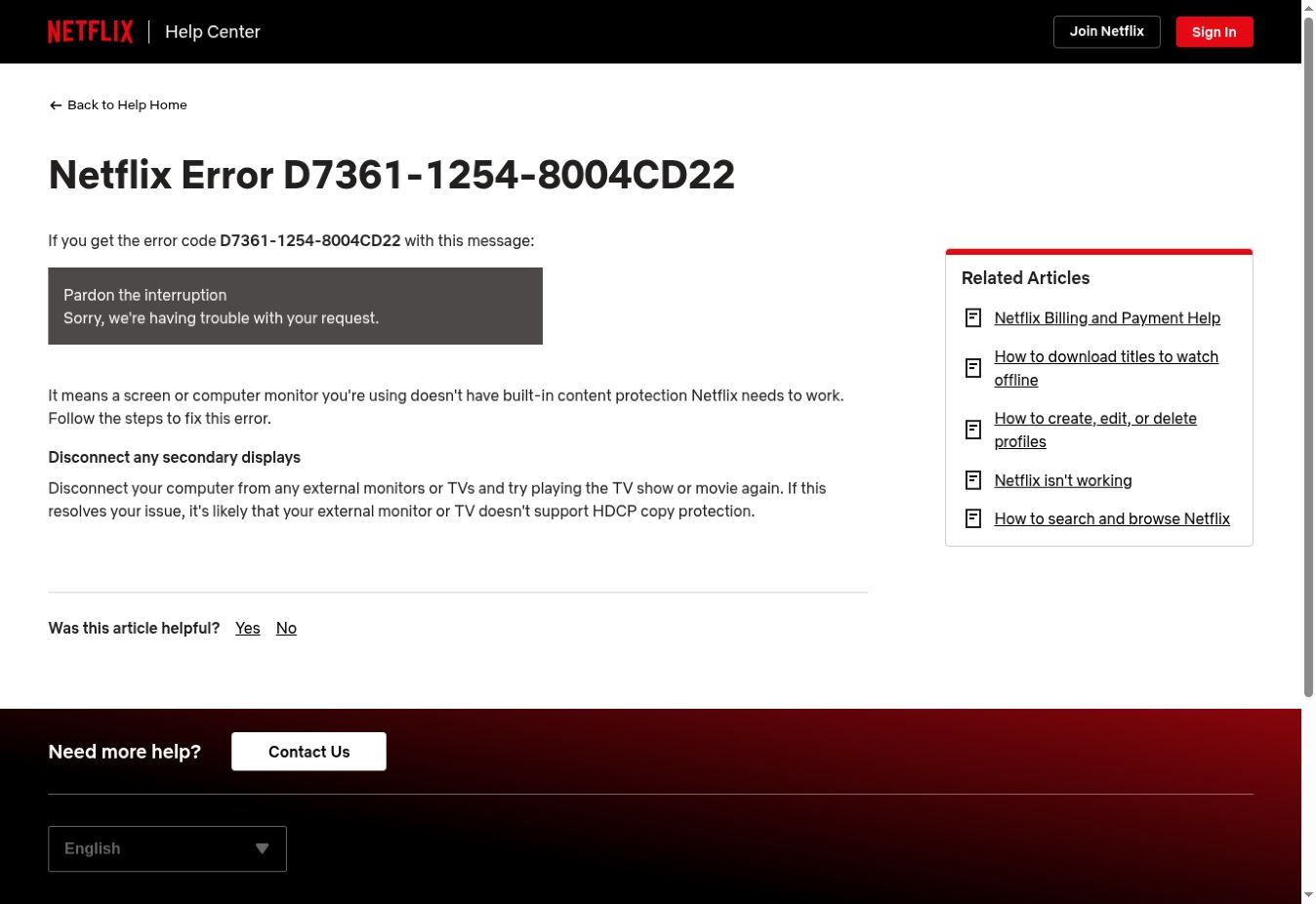 Netflix Works on Laptop but Not External Monitor? Check HDCP, Cables and Docks 2 Actual Netflix Help Center page explaining error D7361-1254-8004CD22 and its external-display test