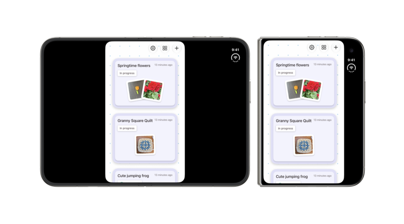 رسم من Apple Developer يوضح ظهور تطبيق مطور بحزمة SDK أقدم في منتصف شاشة iPhone Duo المفتوحة مع مساحات جانبية غير مستخدمة