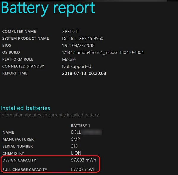 Laptop Battery Stuck at 0% Plugged In? Diagnose the Cause Safely 2 Dell published Windows battery report example showing installed-battery design capacity and full-charge capacity
