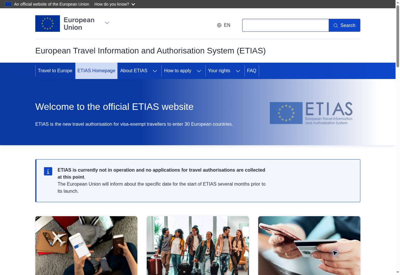 Is ETIAS Open Yet? Official Application Status for UK and US Travellers 2 Official ETIAS website displaying its notice that the system is not operating and applications are not collected