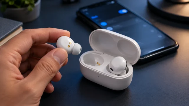 Hand checking the charging contacts of a white wireless earbud beside its open charging case and smartphone