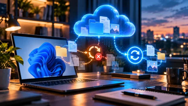 Laptop displaying Windows 11 beside glowing cloud storage and synchronization error and recovery symbols, illustrating OneDrive troubleshooting