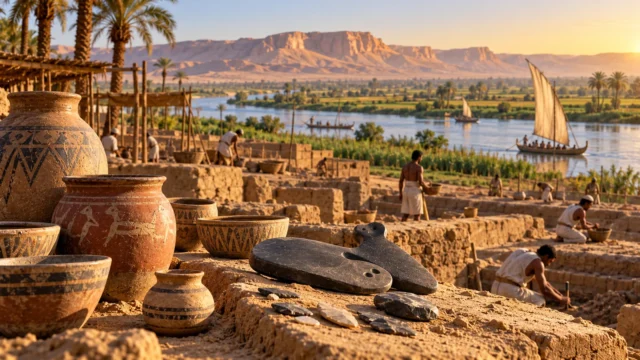 Reconstructed predynastic Nile settlement with pottery, mudbrick buildings, farming fields and boats on the river at sunset