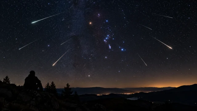 Orionid meteors streaking across a starry sky over a mountain landscape