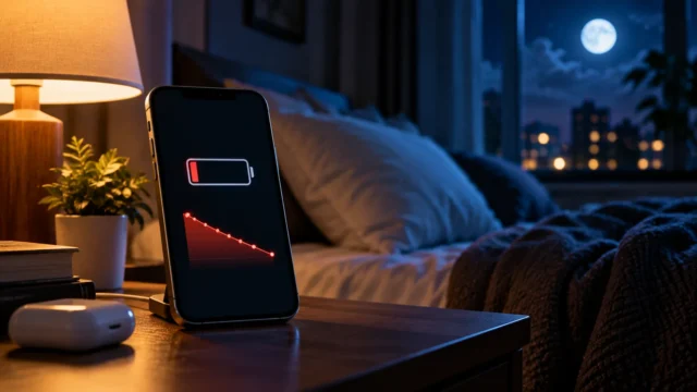 Smartphone with low battery beside a bed at night