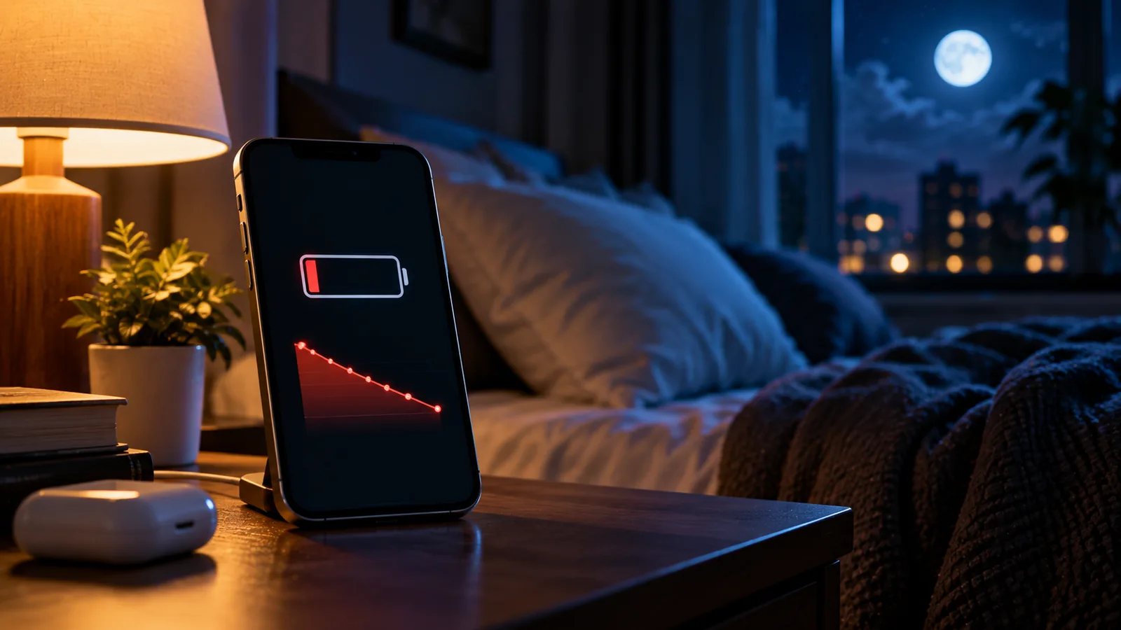 Why Does My Phone Battery Drain Overnight? Android and iPhone Fixes 1 Smartphone with low battery beside a bed at night