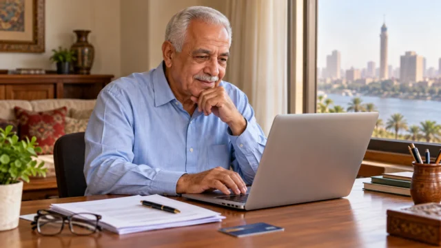 صاحب معاش مصري يستخدم جهاز كمبيوتر لمراجعة بياناته التأمينية في المنزل