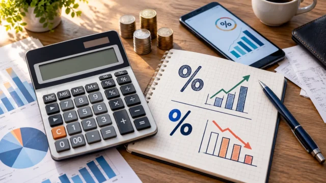 Calculator, percentage charts and financial documents on a desk illustrating common percentage calculation mistakes