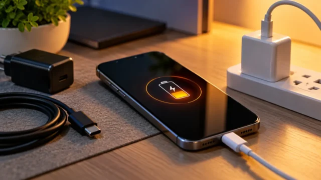 Phone connected to a charging cable beside adapters on a desk