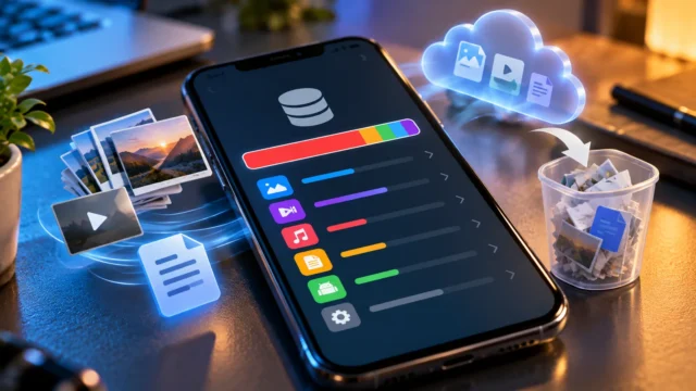Smartphone showing nearly full storage usage with photo, cloud and trash icons
