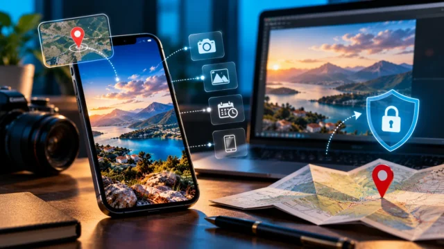 Smartphone and computer displaying a landscape beside a map pin and privacy shield, illustrating photo GPS and EXIF metadata protection