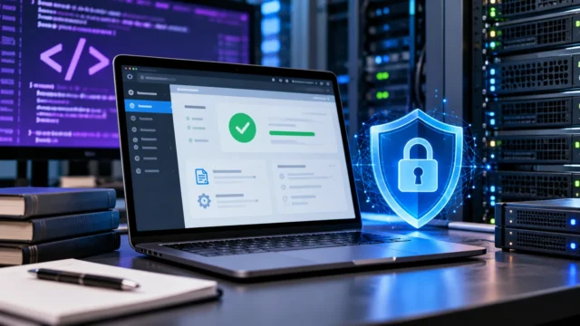 Laptop with secure server update dashboard and glowing cybersecurity shield in a data center
