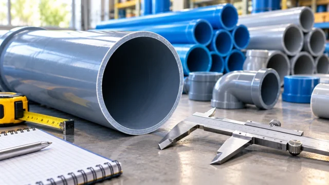 Open gray PVC pipe on a workbench alongside a measuring caliper and tape measure, illustrating the inside diameter needed for pipe volume calculations