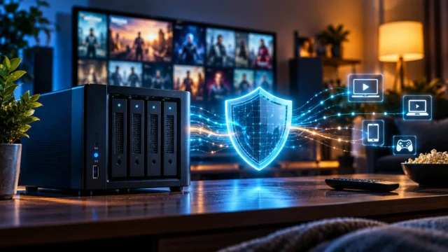Home media server and streaming devices connected through a glowing security shield