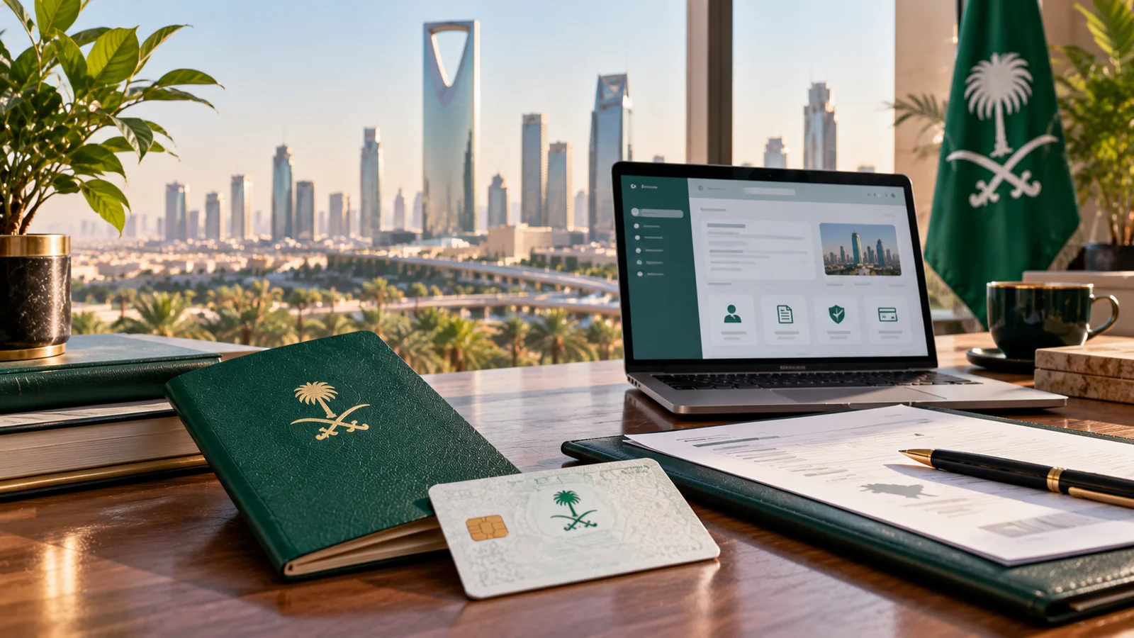 الإقامة المميزة في السعودية: مقارنة الأنواع السبعة والشروط والرسوم وطريقة التقديم 1 جواز سفر وبطاقة إقامة ومستندات على مكتب في الرياض تعبيرًا عن الإقامة المميزة في السعودية