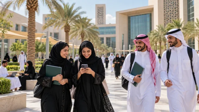 صورة تعبيرية لحرم جامعي حديث مع رمز تقويم للقبول الدراسي