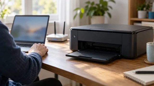 A powered-on home office printer with an empty output tray beside a laptop and Wi-Fi router