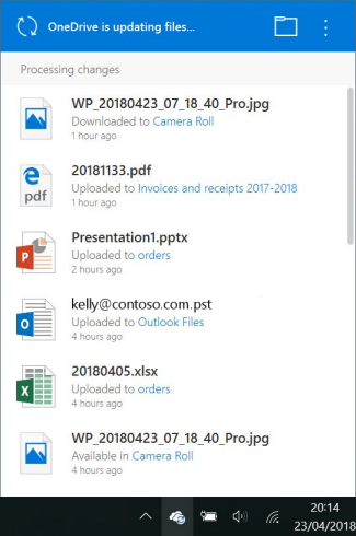 Microsoft published OneDrive activity panel showing Processing changes and a list of recent file transfers