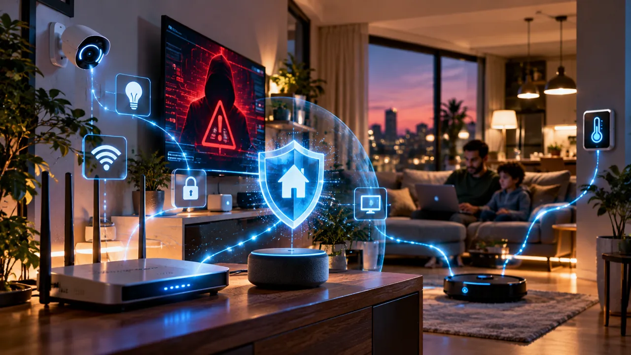 How to Protect Your Smart Home From AI-Powered Malware: A Practical IoT Security Guide 1 Smart home network with connected devices and digital cybersecurity shield against malware