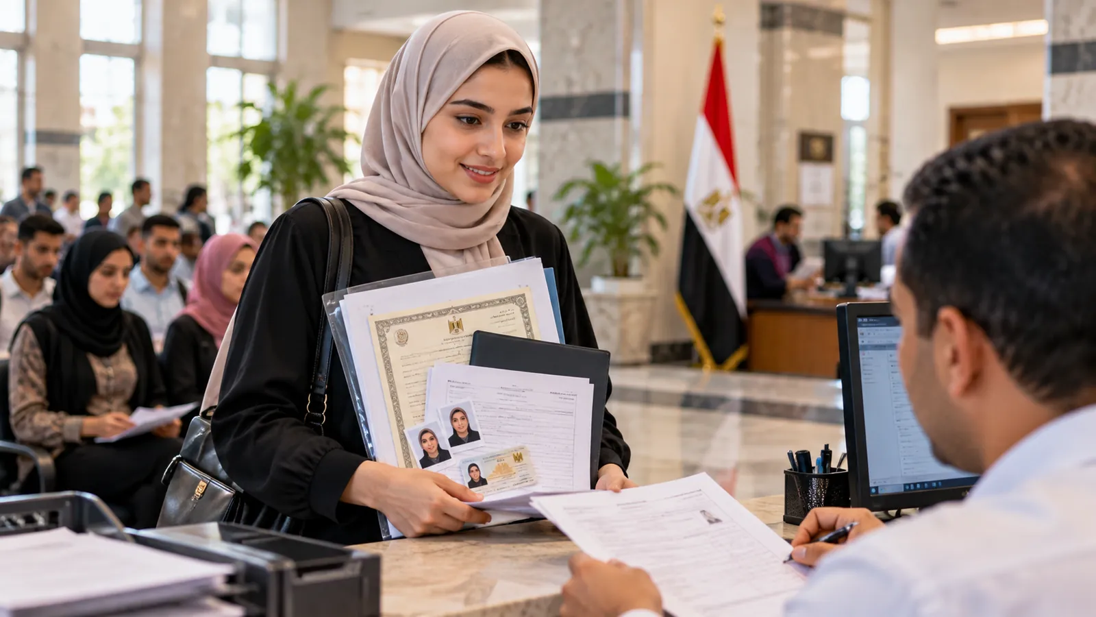 الخدمة العامة الدفعة 107.. من المطلوب وطريقة التسجيل والأوراق وأماكن التكليف 1 خريجة مصرية تقدم أوراق التسجيل في مكتب خدمة حكومية ضمن إجراءات الخدمة العامة