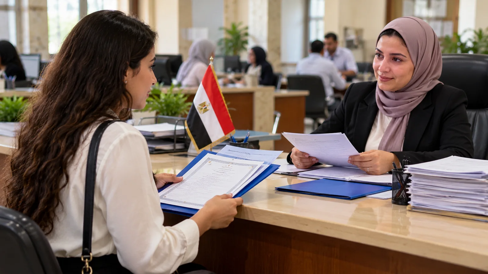 حالات الإعفاء من الخدمة العامة للإناث 2026: الشروط والمستندات وخطوات استخراج الشهادة 1 خريجة مصرية تقدم ملف أوراق إلى موظفة في مكتب إداري لشرح إجراءات الإعفاء من الخدمة العامة